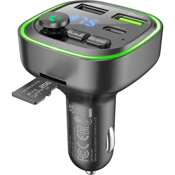 FM-модулятор BOROFONE BC48 Broad 2USB, type-C, QC3.0 18W, TF microSD, BT5.0, handsfree чорний від батарейки.com.ua
