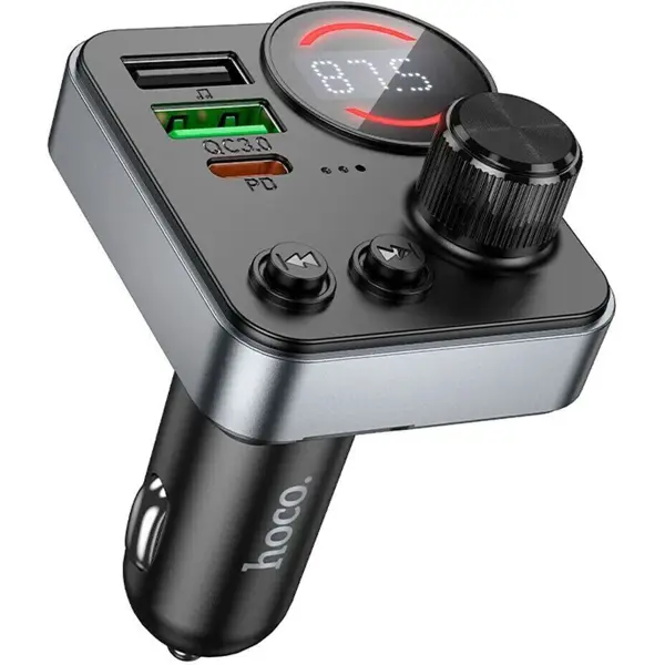 FM-модулятор Hoco E86, PD30W, QC3.0, BT5.0 (Корпус виконаний з міцного і легкого ABS-пластика, що забезпечує довговічність і стійкість до пошкоджень; Підтримка Bluetooth 5.4 забезпечує швидке та стабільне під'єднання до смартфонів і планшетів; FM-передача на частотах 87,5–108 МГц з дальністю до 5 метрів дозволяє зручно виводити звук на автомобільну аудіосистему; Наявність одразу двох USB-портів із загальною потужністю до 48 Вт забезпечує швидку зарядку декількох пристроїв одночасно; Відтворення аудіофайлів з USB і TF-карт об'ємом до 32 ГБ робить пристрій автономним музичним плеєром; Співвідношення сигнал/шум до 85 дБ забезпечує чистий і насичений звук навіть за високої гучності; Широкий діапазон вхідної напруги від 12 до 24 В дає змогу використовувати модулятор як у легкових, так і у вантажних автомобілях.) від батарейки.com.ua