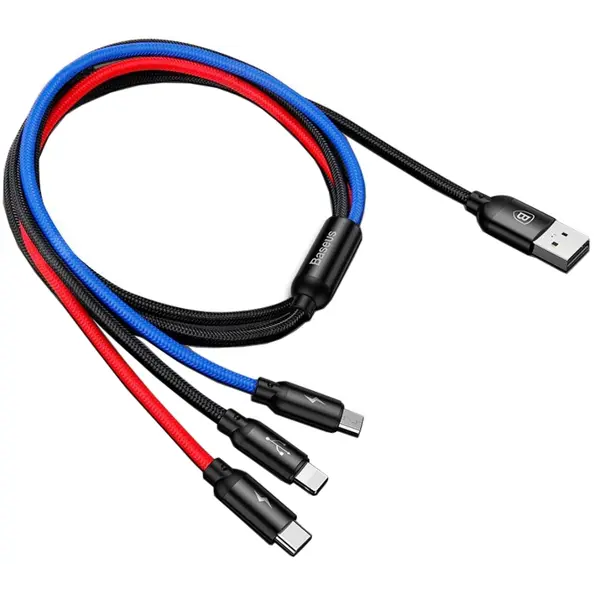 Кабель Baseus Fast 3-in-1 USB to Lightning+Type-C+Micro 3.5A 0,3M Black CAMLT-ASY01 від батарейки.com.ua