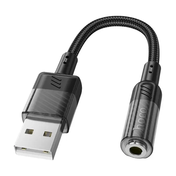 Кабель HOCO LS37 AUX 3.5 to Type-C 1.5m чорний (LS37 Spirit, USB-A male to 3.5mm female audio converter, DAC decoding chip, supports calls and wire control 1. Audio converter USB-A male to 3.5mm female. 2. DAC decoding chip. 3. Supports microphone and wire control for 3.5mm earphones. 4. Frequency response: 20 – 20000Hz. 5. Sensitivity: 116dB ± 3dB. 6. Material: two-color plastic injection molding, nylon braid. 7. Length: 0.15m. 8. Weight: 10.2g.) від батарейки.com.ua