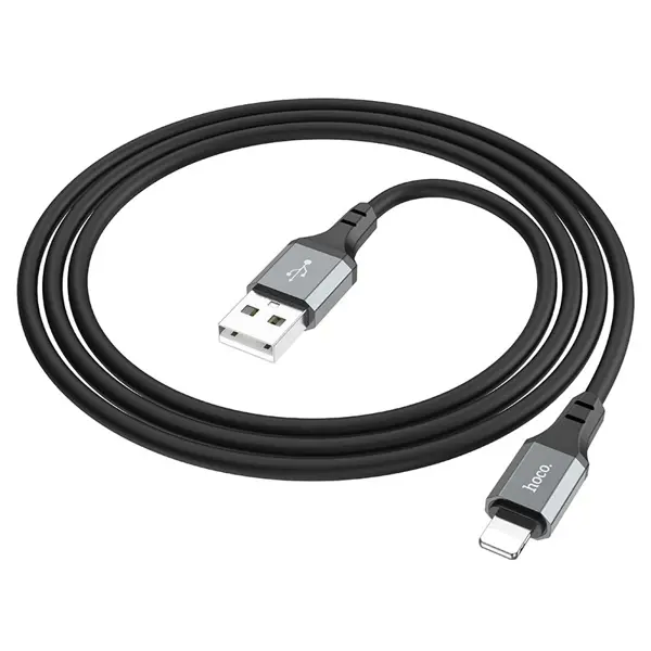 Кабель HOCO USB AM to Lightning X86 silicone data cable 2,4A 1m чорний (X86 Spear, USB to Lightning charging data cable, 1m, silicone and aluminum alloy, current up to 2.4A 1. Length: 1m. Weight: 24g. 2. Outer material: silicone. 3. Joint material: aluminum alloy. 4. Core: (43/0.08)*2+(13/0.08)*2 OD3.5mm. 5. Current up to 2.4A.) від батарейки.com.ua