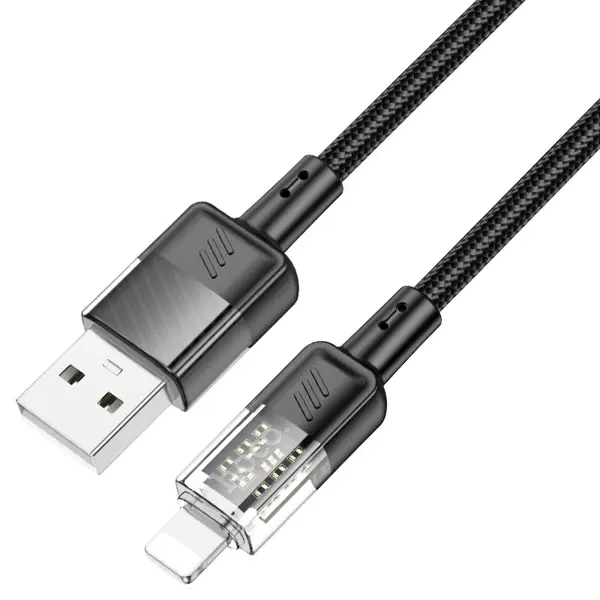 Кабель HOCO USB to Lightning U129 2,4A 1.2m чорний (U129 Spirit, USB to Lightning charging data cable, current up to 2.4A, nylon braid, length – 1.2m 1. USB to Lightning charging data cable. 2. Current up to 2.4A. 3. Suitable for tablets and phones charging. 4. Transparent connectors. 5. Wire outer sheath: nylon braid. 6. Connector housing: transparent plastic. 7. Length: 1.2m. Weight: 30g.) від батарейки.com.ua