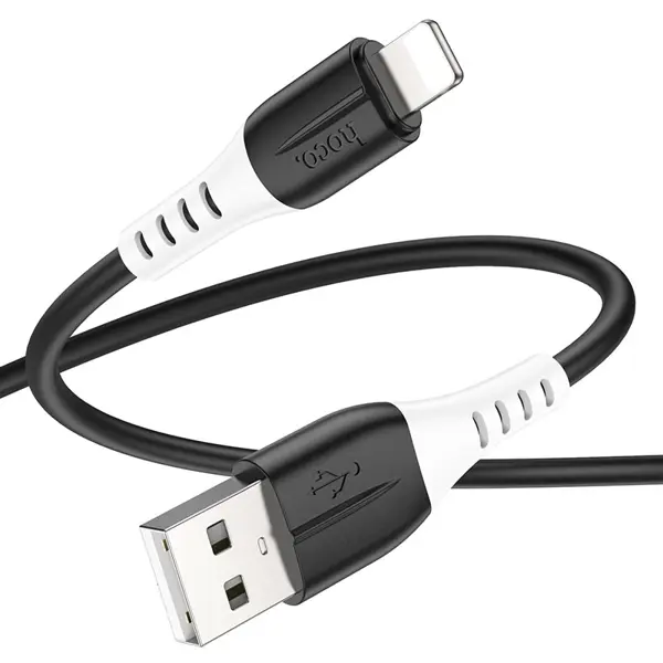 Кабель HOCO USB to Lightning X82 silicone data cable 2.4A 1m чорний (X82, USB to Lightning charging data cable, 1m, silicone material, current up to 2.4A 1. Length: 1m. Weight: 21g. 2. Outer material: silicone. 3. Joint material: silicone. 4. Core: (43/0.08)*2+(13/0.08)*2 OD3.5mm. 5. Supports 2.4A current. 6. Cost-effective silicone cable.) від батарейки.com.ua