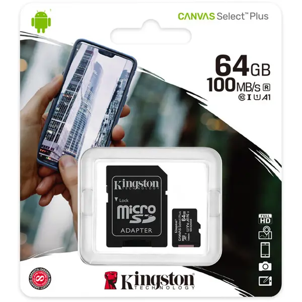 карта пам'яті KINGSTON microSD 64 GB 100R Class 10 з адаптером від батарейки.com.ua