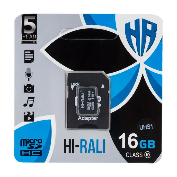 карта пам'яті microSDHC HI-RALI 16GB Сlass 10 з адаптером SD від батарейки.com.ua