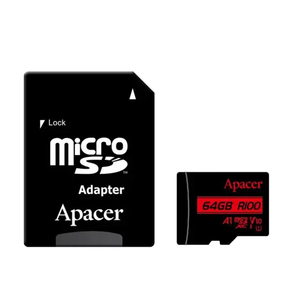 картка пам'ятi APACER Micro SD 64GB Class10 V10 A1 R100MB/s з адаптером від батарейки.com.ua