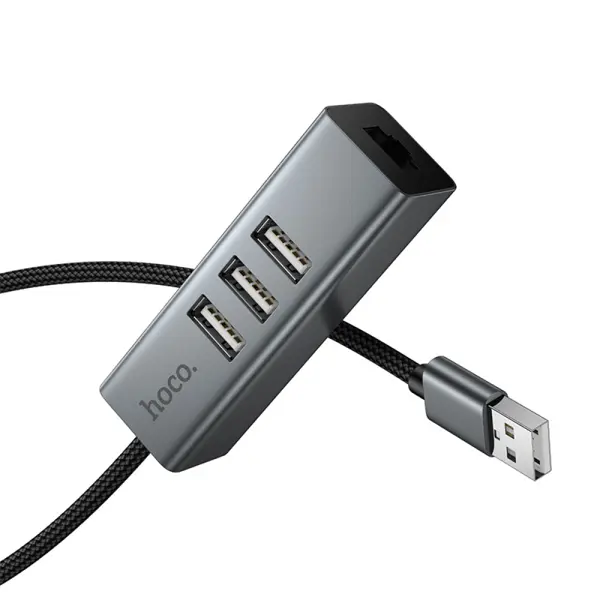 Хаб та мережева плата Hoco HB1D USB to 3xUSB+Lan RJ45 сірий від батарейки.com.ua