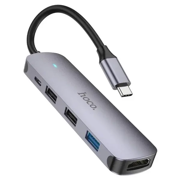Хаб Type-C Hoco HB27 (HDTV+USB3.0+USB2.0*2+PD) Сірий від батарейки.com.ua