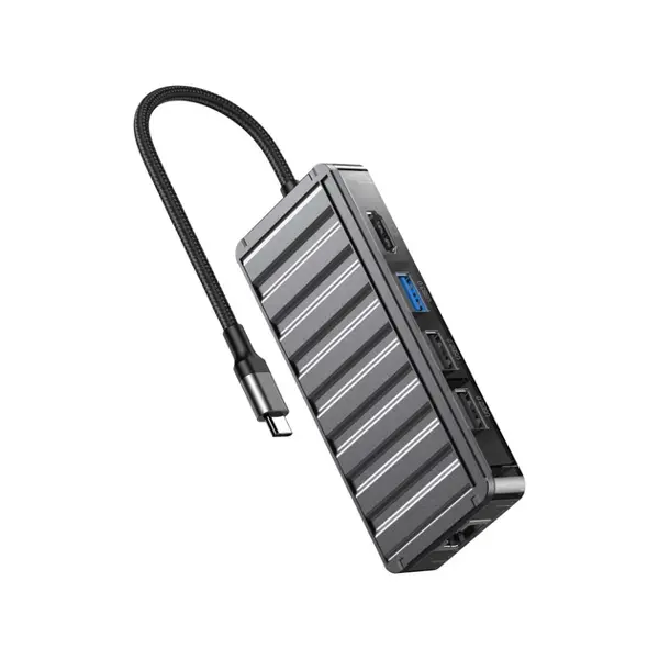 Хаб Type-C XO HB016 7in1 Type-c to 1xUSB3.0, 2xUSB2.0, HDMI, PD Type-C, RJ45 Lan, VGA від батарейки.com.ua
