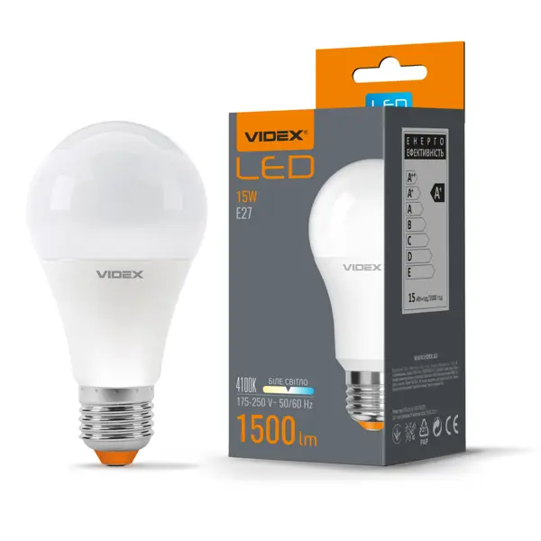 LED лампа VIDEX  A65e 15W E27 4100K (VL-A65e-15274) (Колірна температура світла:4100К (біле світло) Якість світла:Ra > 90 Тип цоколя:Е 27 Формфактор:A65 Напруга:AC 175-250 V 90 грн − 1 + Купити Потужність:15 W Енергоефективність:100 Lm/W Клас енергоспоживання:А+ Час запуску:Миттєвий старт (<1 сек) Регулювання освітленості (димер):Не підтримує Світловий потік:1500 Lm Максимальна сила струму:113mA Частота:50/60 Hz Кут розсіювання:300° Коефіцієнт потужності:0.6 Коеф. збереження світловіддачі в кінці номінал. терміну служби:≥94.8% Ресурс роботи:40000г Кількість циклів Ввім/Вимк:20000 Матеріали:Алюміній-поліамід Робоча температура:-20°C ~ + 40°С Гарантійний термін:2 роки Розміри:60mm х 123mm Вага:75г) від батарейки.com.ua