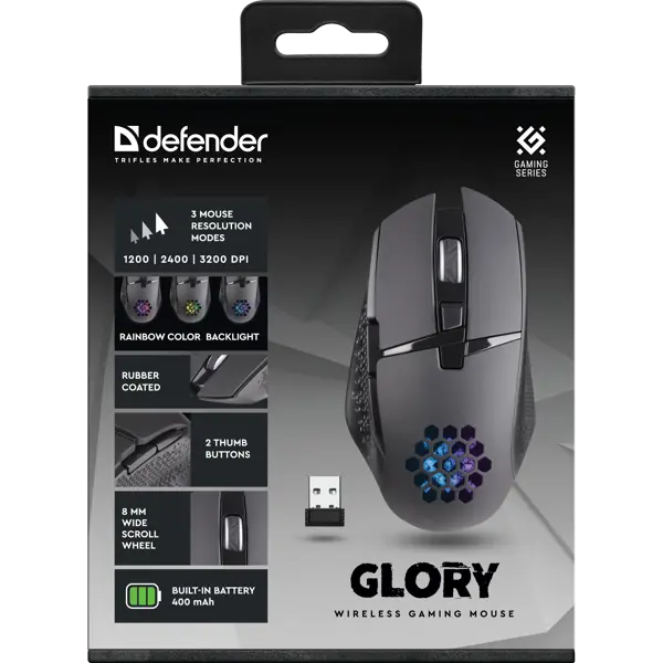 Миша бездротова DEFENDER ігрова Glory GM-514, чорна (Тип продукту ігри Тип сенсора оптичний Тип підключення бездротовий Інтерфейс підключення USB Робоча частота 2.4 ГГц Кількість кнопок 6 + колесо прокрутки Роздільна здатність сенсора миші, DPI 1200 / 2400 / 3200 Мінімальне значення DPI 1200 dpi Максимальне значення DPI 3200 dpi Ємність акумулятора 400 мА·ч Середня тривалість роботи без підзарядки / заміни батарей 30—120 год Прогумоване колесо прокручування є Безшумні кнопки не має Тефлонові ніжки є Максимальне прискорення 10 g Частота обробки кадрів 3400 fps Швидкість IPS 40 IPS Кількість натискань 5 мільйонів Довжина кабелю 0.5 ±5% м Колір чорний Системні вимоги до ПК Windows 2000/XP/Vista/7/8/10, Mac OS X10) від батарейки.com.ua