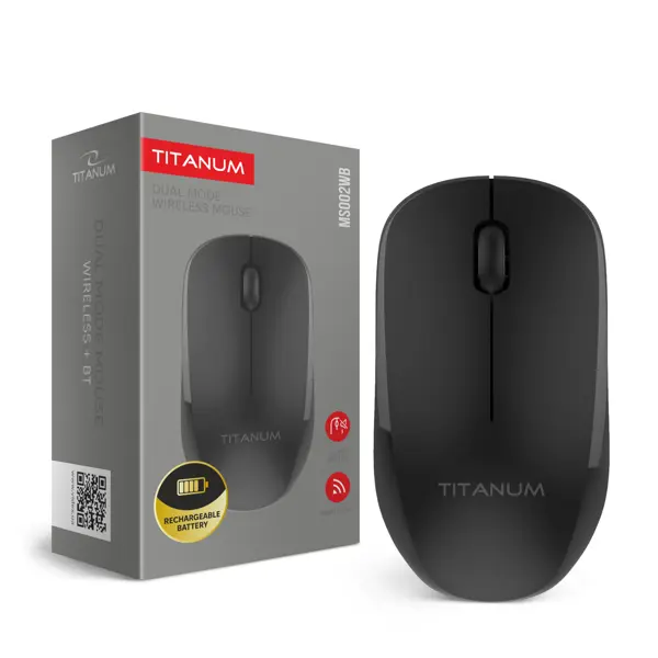 Миша бездротова TITANUM MS002WB 3 кнопки, RF2.4GHz, BT, type-c, чорна (Датчик: Оптичний Ресурс натискань: 1 млн. Радіус дії: 10м (без перешкод) Живлення: Lithium battery: 500mAh 3.7V Габаритні розміри: 104mm х 57mm х 37mm) від батарейки.com.ua