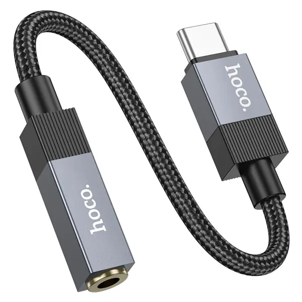 Перехідник HOCO UPA32C Clever Type-C to AUX 3.5 чорний (audio cable Type-C male to 3.5mm female, DAC digital decoding chip, Hi-Fi lossless transmission, long lifespan, nylon braid and aluminum alloy connectors shell 1. Audio converter Type-C male to 3.5mm female. 2. Hi-Fi lossless transmission. 3. Built-in DAC digital decoding chip. 4. Oxygen-free copper wire. 5. Material: gold-plated 3.5mm socket, aluminum alloy shell and nylon braid. 6. Wide compatibility. 7. Long lifespan. 8. Length: 15cm. 9. Weight: 7.6g.) від батарейки.com.ua