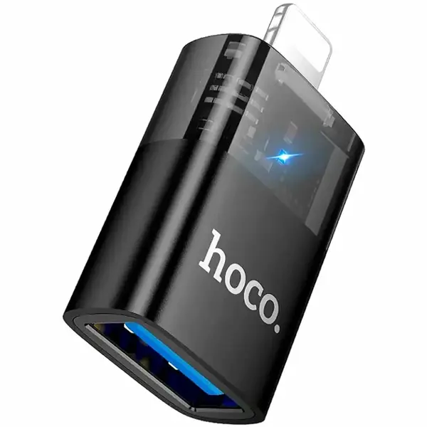 Перехідник OTG HOCO Lightning to USB UA36 ( портативный адаптер iP штекер на USB-A гнездо, 480Mbps, OTG, полупрозрачный корпус, двусторонний LED индикатор 1. Адаптер iP штекер на USB-A гнездо. 2. Функция OTG, 480Mbps USB2.0, прямое считывание файлов с USB накопителя на телефоне с интерфейсом iP. Не поддерживает зарядку. 3. Двусторонний LED индикатор. 4. Полупрозрачный корпус. 5. Материал: алюминиевый сплав + PVC. 6. Размер: 34 × 10 × 17мм.) від батарейки.com.ua