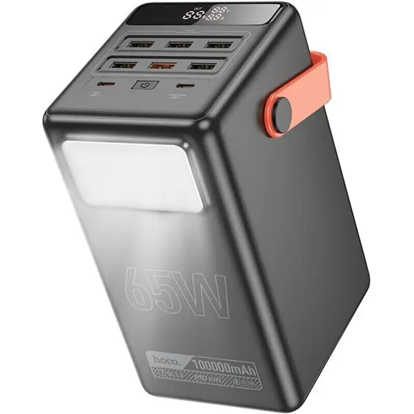 power bank Hoco DB03 Max Centurion 100000mAh 6xUSB 2xType-C PD65W QC3.0 чорний (Параметры заряда устройств Подключение устройств 6 x USB Type A, 1 x USB Type C Общая мощность, Вт 65 Мощность зарядки USB Type-A, Вт 22.5 (1й порт) Мощность зарядки USB Type-C, Вт 65 (1й порт) Выходная сила тока, А 3 Выходное напряжение, В 5 Исходные значения заряда USB Type A: 5В/3А Функции зарядки Qualcomm Quick Charge, Adaptive Fast Charging (AFC), Huawei FCP Аккумулятор Емкость батареи, Вт/ч 370 Емкость батареи, мАч 100000 Тип аккумулятора Li-Pol Порт зарядки Power bank'a 2 x USB Type C Параметры заряда USB Type-C: 5V/3A, 9V/2A, 12V/3A, 20V/3A, USB Type C: 9V/2A, 5V/3A Физические Материал корпуса ABS Вес, г 1893 Цвет чорний Размер, мм 105.5 х 97 х 165.6 Дополнительные Функциональность с фонариком, дисплей, с ручкой для переноски Одновременно заряжаемых устройств 7 Тип встроенного кабеля без встроенного кабеля) від батарейки.com.ua