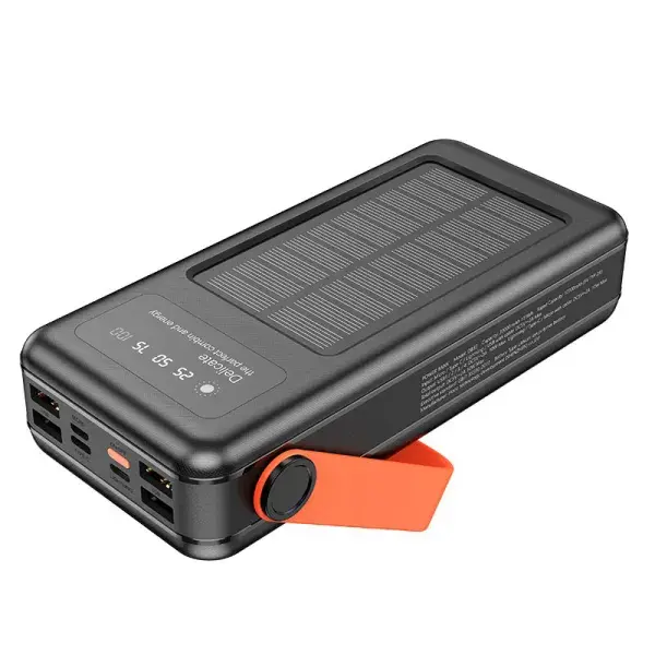 power bank Hoco DB33 Sun Solar 30000mAh PD20W, QC3.0, Lamp, чорний (Технічні характеристики Вбудована система захисту від: перенапруги на вході та виході, перегріву та перепадів напруги, короткого замикання, перезарядки та повного розряду; Індикація рівня заряду; Вбудована сонячна панель та кабелі зарядки; Матеріали: ABS PC вогнетривкий; Ємність: 30000mAh; Номінальна ємність: 17700mAh; Тип акумулятора: Li-Pol Вхідні роз’єми батареї: MicroUSB/Type-C; Вихідна напруга: 2А/5V; Згорнути Додаткова інформація Колір	 Чорний  Ємність	 30000 mAh  Підтримка Auto-ID	 Так  Кількість USB портів	 4 порти  Кількість Type-C PD портів	 1 порт  Комплектація	 Повербанк, USB/Micro USB шнурок) від батарейки.com.ua
