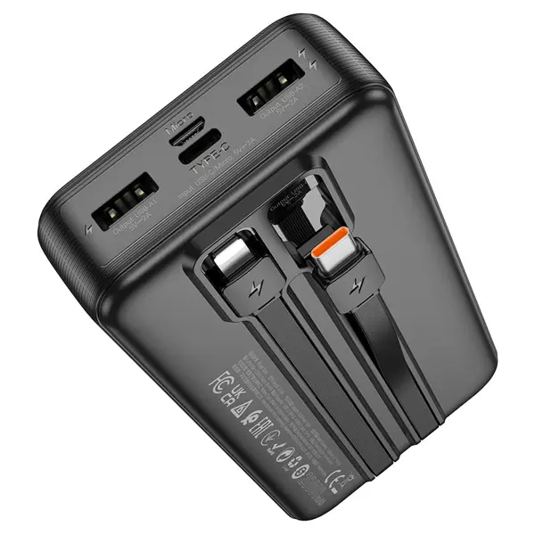 power bank Hoco J118A 20000mAh QC3.0 PD20W 2*USB, 2*type-C, Lightning, micro, Black (J118A Speed energy, mobile power bank, 20000mAh, single Type-C and single Micro-USB inputs, dual USB-A port and built-in cables for Lightning and Type-C outputs 1. Capacity: 20000mAh, 74Wh. Rated capacity: 11000mAh (5V TYP 2A). 2. Input: 1 × Type-C – 5V / 2A. 1 × Micro-USB – 5V / 2A. 3. Output: 1 × USB-A 1 – 5V / 2A. 1 × USB-A 2 – 5V / 2A. 1 × built-in cable for Lightning – 5V / 2A. 1 × built-in cable Type-C – 5V / 2A. Total output: 5V / 2A (max). 4. Material: ABS + PC flame retardant shell + lithium polymer battery. 5. Indication: LED indicator of power level. 6. Sizes: 149 × 69 × 33mm. 7. Weight: 436g.) від батарейки.com.ua