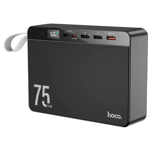 power bank Hoco J94 Overlord 75000mAh 22.5W PD20W QC3.0 3USB, type-C, micro, LCD чорний (1. Capacity: 75000mAh 277.5Wh. Rated capacity: 44000mAh. 2. Input: Micro-USB / Type-C – 18W (for QC, for FCP, for AFC). 3. Output: USB 1 – 22.5W (for QC, for FCP, for SCP, for AFC), USB 2 / 3 – 5V / 2.1A. Type-C – 20W (for PD, for QC, for FCP, for AFC). Total output – 5V / 3A. 4. Display: LED digital display. 5. Material: ABS + PC flame retardant shell + lithium polymer battery. 6. Sizes: 157*116*45mm. Weight: 1400g.) від батарейки.com.ua