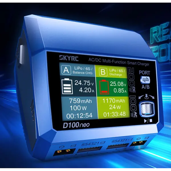 Розумне зарядне SkyRC D100neo SK-100199-01, LiPo LiHV LiFe Liion 1-6S, NiMh Pb, 2 канали, 200W 12A, 220V від батарейки.com.ua