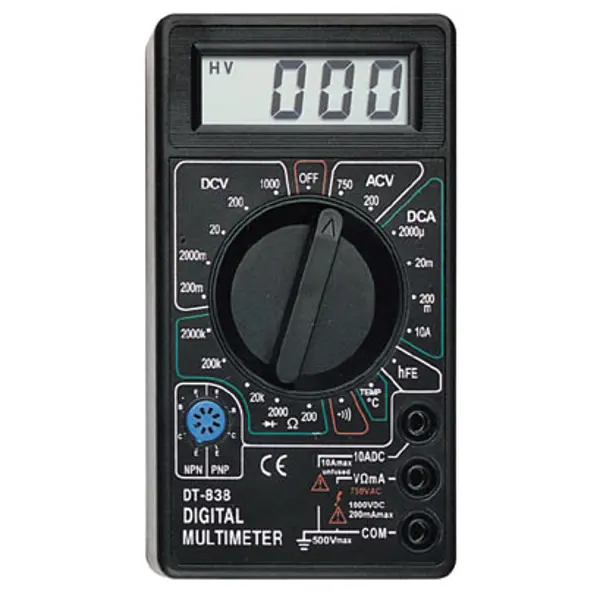 Тестер DT-838 (	 Техническая характеристика мультиметра DT838: * Переменное напряжение: Диапазон	Разрешающая способность	Точность 200 V	0.1 V	±1.2%±10D 700 V	1 V	±1.2%±10D Измерение: измерение среднеквадратичного значения переменного напряжения синусоидальной формы. Диапазон рабочих частот: 45 - 450 Гц. Входное сопротивление 450Ком для переменного напряжения.  * Постоянное напряжение: Диапазон	Разрешающая способность	Точность 200 mV	100 mkV	±0.5%±3D 2000 mV	1 mV	±0.5%±3D 20 V	10 mV	±0.5%±3D 200 V	0.1 V	±0.5%±3D 1000 V	1 V	±0.8%±5D Входное сопротивление 1Мом .  * Сопротивление: Диапазон	Разрешающая способность	Точность 200 ом	0,1 ом	±1%±8D 2000 ом	1ом	±1%±2D 20 Ком	10 ом	±1%±2D 200 Ком	100 ом	±1%±2D 2000 Ком	1 Ком	±1%±2D Напряжение холостого хода приблизительно 2,8 В.  * Постоянный ток: Диапазон	Разрешающая способность	Точность 2000 мкА	1 мкА	±1%±5D 20 мА	10 мкА	±1%±5D 200 мА	100 мкА	±1.2%±8D 10 А	10 мА	±2%±8D Защита от перегрузки: предохранитель 200мА/250В. Падение напряжения при измерении : 200мВ.  * Измерение температуры: Диапазон	Разрешающая способность	Точность от -20Cº до +1000Cº	1 Сº	±3Cº±3D(до150Сº) ±3%(свыше150Сº)  D-единица младшего разряда.  * Диодный тест.  * Измерение коэффициента усиления транзистора.  * Звуковая прзвонка соединений) від батарейки.com.ua