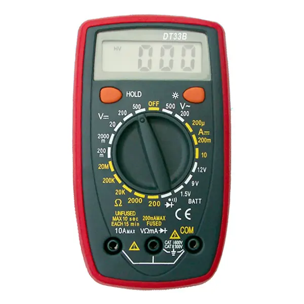 Тестер DT33B ( Техническая характеристика мультиметра DT33B: * Переменное напряжение: Диапазон Разрешающая способность Точность 200 V 0.1 V ±1.2%±10D 500 V 1 V ±1.2%±10D Значение переменного напряжения является средним значением, калиброванным по среднеквадратичному значению синусоидальной волны. Диапазон рабочих частот: 45 - 450 Гц. Входное сопротивление 5Moм для переменного напряжения. * Постоянное напряжение: Диапазон Разрешающая способность Точность 200 mV 100 mkV ±0.25%±2D 2000 mV 1 mV ±0.5%±2D 20 V 10 mV ±0.5%±2D 200 V 0.1 V ±0.5%±2D 500 V 1 V ±0.8%±2D Входное сопротивление 10Мом . * Сопротивление: Диапазон Разрешающая способность Точность 200 ом 0,1 ом ±0.8%±5D 2000 ом 1ом ±0.8%±2D 20 Ком 10 ом ±0.8%±2D 200 Ком 100 ом ±0.8%±2D 20 Mом 10 Ком ±1%±5D Напряжение холостого хода приблизительно 2,8 В. * Постоянный ток: Диапазон Разрешающая способность Точность 200 мкА 100 нА ±1%±2D 200 мА 100 мкА ±1.2%±2D 10 А 10 мА ±2%±5D Защита от перегрузки: предохранитель 200мА/250В. Падение напряжения при измерении : 200мВ. D-единица младшего разряда. * Диодный тест. * Тестирование батарей. * Подсветка дисплея. * Фиксация результата измерения.) від батарейки.com.ua