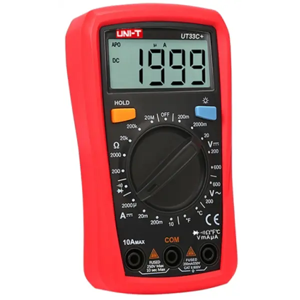 Тестер UT33C+ UNI-T (Техническая характеристика мультиметра UT33C+ : Мультиметр универсальный UNI-T UT33C+ — надежный,малогабаритный прибор, производства UNI-Trend. Предназначенный для измерения постоянного и переменного напряжения, постоянного тока, сопротивления, проверки диодов и целостности цепи, температуры. * Переменное напряжение: Диапазон Разрешающая способность Точность 200 V 0.1 V ±1.2%±3D 600 V 1 V ±1.2%±3D Значение переменного напряжения является средним значением, калиброванным по среднеквадратичному значению синусоидальной волны. Диапазон рабочих частот: 40 - 400 Гц. Входное сопротивление 10 Moм для переменного напряжения. * Постоянное напряжение: Диапазон Разрешающая способность Точность 200 mV 100 mkV ±0.7%±3D 2000 mV 1 mV ±0.5%±2D 20 V 10 mV ±0.7%±3D 200 V 0.1 V ±0.7%±3D 600 V 1 V ±0.7%±3D Входное сопротивление 10Мом . * Сопротивление: Диапазон Разрешающая способность Точность 200 ом 0,1 ом ±1.0%±2D 2000 ом 1ом ±0.8%±2D 20 Ком 10 ом ±0.8%±2D 200 Ком 100 ом ±0.8%±2D 20 Mом 10 Ком ±1.2%±3D * Постоянный ток: Диапазон Разрешающая способность Точность 2000 мкА 1 мкА ±1%±2D 20 мА 10 мкА ±1%±2D 200 мА 100 мкА ±1%±2D 10 А 10 мА ±1.2%±5D Защита от перегрузки: предохранитель 200мА/250В. Защита от перегрузки: предохранитель на пределе 10А: предохранитель 10А/250В. * Измерение температуры: Диапазон Разрешающая способность Точность от -40Cº до 0Cº 1 Сº ±4Сº от 0º до +100Cº 1 Сº ±1%±4D от +100Cº до +1000Cº 1 Сº ±2%±4D D-единица младшего разряда. * Диодный тест. * Звуковая прозвонка соединения. * Подсветка дисплея. * Фиксация результата измерения. * Питание две батареи ААА 1,5 вольта) від батарейки.com.ua