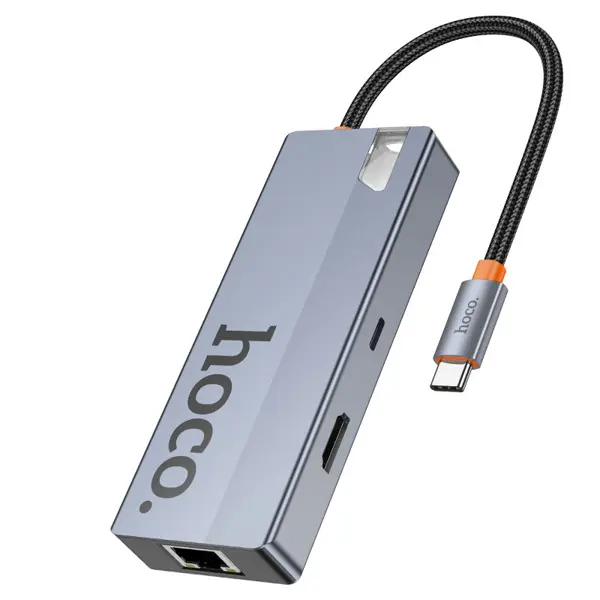USB Хаб Hoco HB51 Wow 6-in-1 Type-C to 3xUSB-A, HDTV, Type-C, Lan RJ45, сірий від батарейки.com.ua
