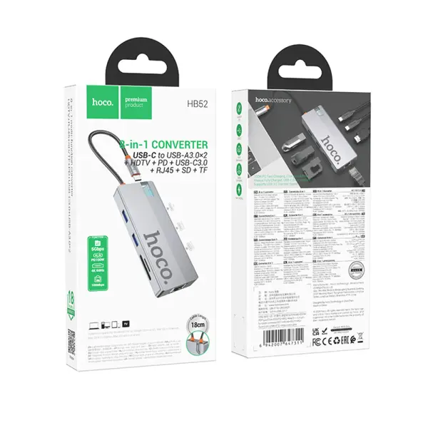USB перехідник Hoco HB52 Wow 8-in-1 multi-function converter type-c to (HDTV+RJ45+SD/TF+PD+Type-C3.0+USB3.0*2) Grey від батарейки.com.ua
