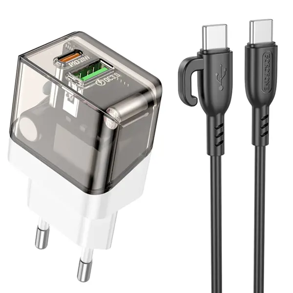Зарядне BOROFONE BA80A USB Type-C PD20W QC3.0 з кабелем Type-C чорне (Вихід Type-C: 20W (PD/QC/FCP/AFC) Вихід USB-A: 18W (QC/FCP/AFC） Розмір: 75*40*26 мм Вага: 62 г) від батарейки.com.ua