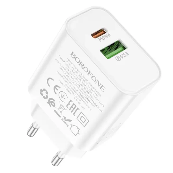 Зарядне BOROFONE BA88A 1xUSB 1xType-C PD20W QC3.0 білe від батарейки.com.ua