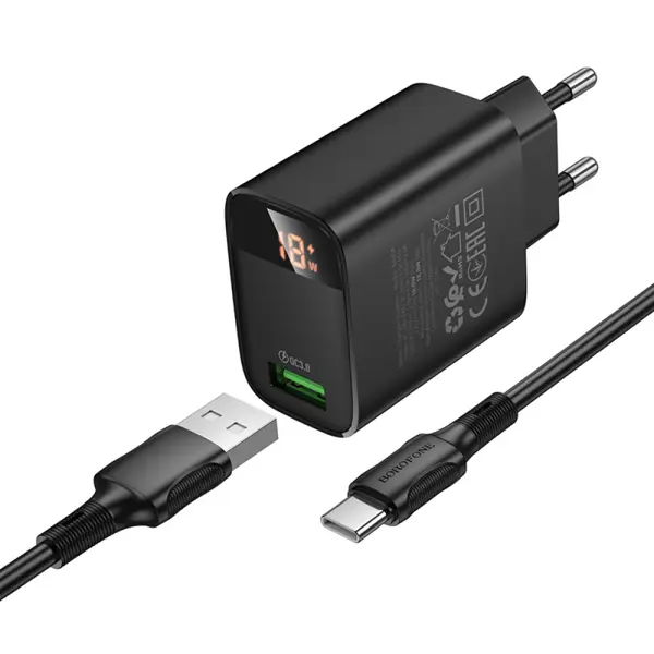 Зарядне BOROFONE BA95A 1USB QC3.0/3A LED display, з кабилем Type-C чорне від батарейки.com.ua
