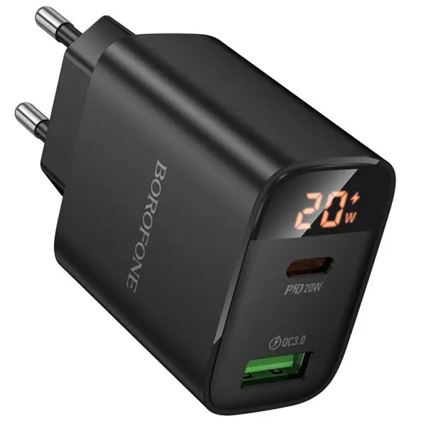 Зарядне BOROFONE BA96A Ilustre 1xUSB 1xType-C PD20W QC3.0, дісплей, чорне Розмір: 82,5 * 44,5 * 27,5 мм, вага: 55 г від батарейки.com.ua