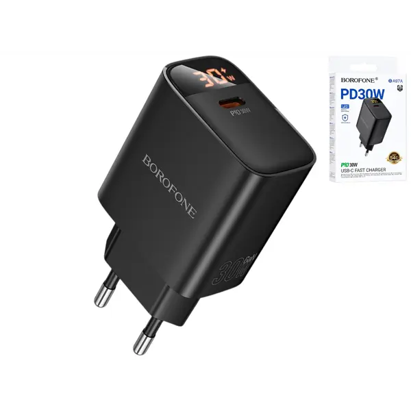 Зарядне BOROFONE BA97A Type-C PD30W QC3.0 3A Led Display чорне (розмір 83×45×28мм ) від батарейки.com.ua