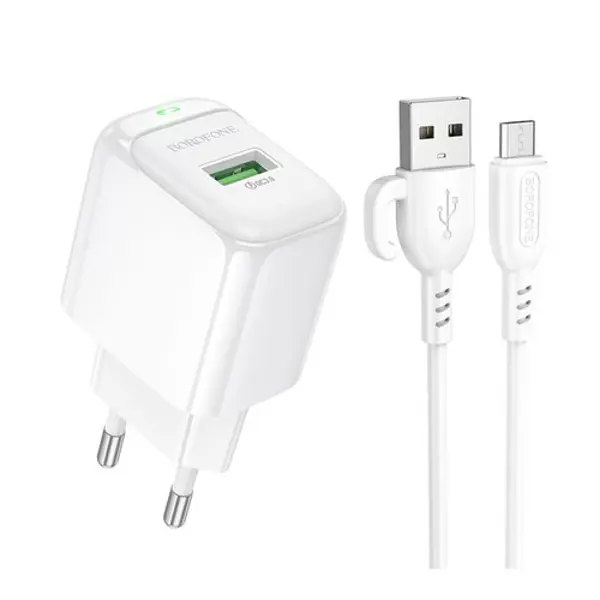 Зарядне BOROFONE BAS42A 1USB QC3.0 3A біле з кабилем Micro USB від батарейки.com.ua