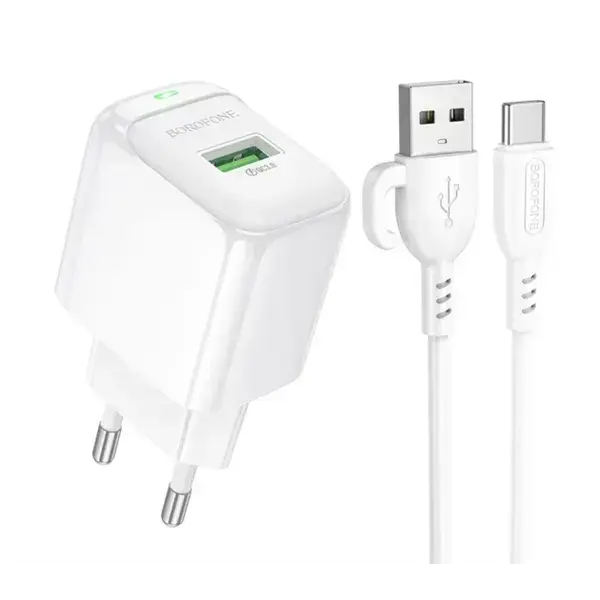 Зарядне BOROFONE BAS42A 1USB QC3.0 3A з кабилем Type-C біле від батарейки.com.ua