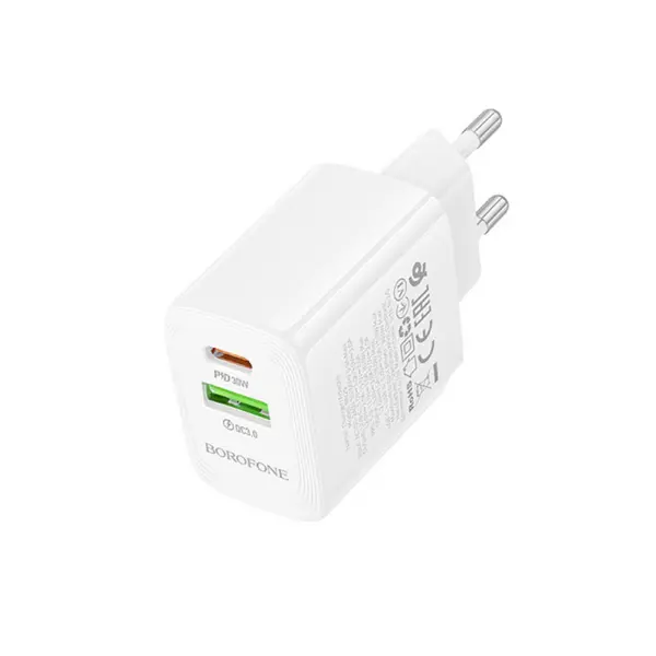 Зарядне BOROFONE BN29 GaN 1xType-C 1xUSB PD30W QC3.0 +кабель Type-C, біле від батарейки.com.ua