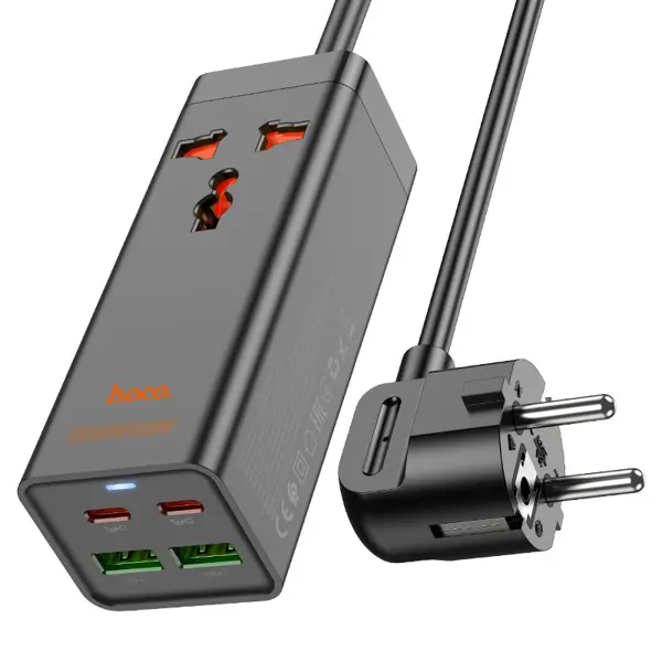 зарядне GaN HOCO AC10A Barry GaN PD65W  QC3.0 2*USB 2*Typec-C універсальна розетка AC UK/US, кабель 1.5м (AC10A Barry, 2500W power strip with 1 × AC sockets, dual Type-C and dual USB-A outputs, EU plug, 1.5m cable 1. Input: AC250V, 50 / 60Hz. Rated current: 10A max. USB module input: AC100-240V, 50 / 60Hz, 0.8A. 2. Output: 1 × AC socket – 10A / 250V – 2500W max. 1 × USB-A 1 – 5V / 3A, 9V / 2A, 12V / 1.5A – 18W max. 1 × USB-A 2 – 5V / 3A, 9V / 2A, 12V / 1.5A – 18W max. 1 × Type-C 1 – 5V / 3A, 9V / 3A, 12V / 3A, 15V / 3A, 20V / 3.25A – 65W max. 1 × Type-C 2 – 5V / 3A, 9V / 3A, 12V / 3A, 15V / 3A, 20V / 3.25A – 65W max. PPS: 3.3-21V / 3A – 65W max. Total output: USB-A 1 + USB-A 2 = 5V / 3A – 15W max. Type-C 1 + Type-C 2 = 45W + 20W. Type-C 1 + USB-A 1 / USB-A 2 = 45W + 18W. Type-C 1 + [USB-A 1 + USB-A 2] = 45W + [15W]. Type-C 2 + USB-A 1 + USB-A 2 = 5V / 3A – 15W max. Type-C 1 + [Type-C 2 + USB-A 1 + USB-A 2] = 45W + [15W]. 3. Fast charging protocol support: for PD65W / PPS / QC3.0 / QC2.0 / AFC / FCP and other fast charging protocols. 4. EU plug. 5. Universal socket design, suitable for EU, US, UK, AU, JP, KR, CN and other standards of plugs. 6. Material: flame retardant PC. 7. Sizes: 117 × 43 × 39mm. PVC cable length: 1.5m (0.75mm²). 8. Weight: 342g.) від батарейки.com.ua