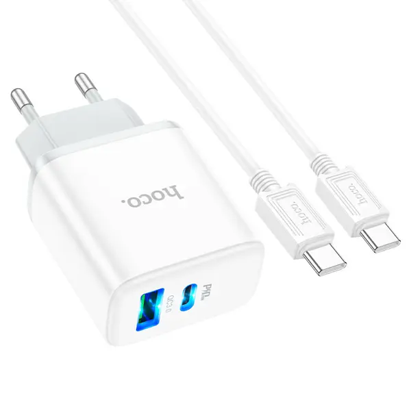 Зарядне HOCO C105A 1Type-C 1USB PD20W+QC3.0, з кабелем Type-C біле від батарейки.com.ua