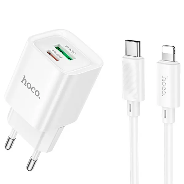 Зарядне HOCO C147A USB, type-C PD20W QC3.0 з кабилем Type-C біле від батарейки.com.ua