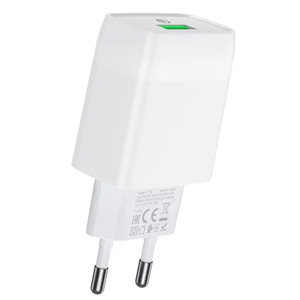 Зарядне HOCO C72Q Glorious 1USB QC3.0 18W white (C72Q Glorious QC3.0 wall charger, single USB, 18W output, EU plug, set with cable for Micro-USB / Type-C, support for QC3.0/QC2.0, for FCP, for AFC 1. Material: ABS + flame retardant PC. 2. Sizes: 82*42*26mm. Weight: 33g. Set with cable weight: 64g. 3. Output: 18W (for QC/FCP). 4. Support for QC3.0/QC2.0, for FCP, for AFC and other fast charging protocols. 5. EU plug. 6. Set with 1m charging cable.) від батарейки.com.ua