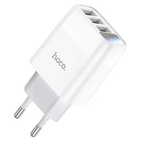 Зарядне HOCO C93A 3USB 3,4A  display біле з кабилем Type-C (C93A Easy charge, wall charger, 3 * USB 2.4A output, EU plug, set with cable for Lightning / Type-C / Micro-USB 1. Material: flame-retardant PC + ABS. 2. Output: USB-A 1 / 2 / 3 – 5V / 2.4A. Total output: 5V / 3.4A. 3. EU plug. 4. Sizes: 83*41*25mm. Single charger weight: 45g. Set with cable weight: 57g. 5. LED digital display of voltage / current. 6. Set with 1m charging cable.) від батарейки.com.ua