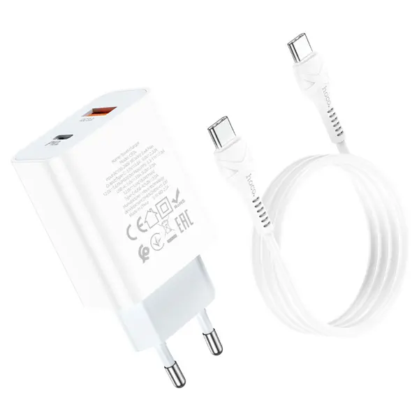 Зарядне HOCO C97A PD20W QC3.0 1Type-C 1USB біле з кабилем Type-C (C97A, wall charger, USB 18W and Type-C 20W output, EU plug, set with cable for Lightning to Type-C or Type-C to Type-C 1. Material: flame retardant PC + ABS. 2. Output: Type-C – 20W (for PD / for PPS / for QC / for FCP / for AFC). USB – 18W (for QC / for FCP / for AFC). Total output: 5V / 3A. 3. EU plug. 4. Sizes: 87*34*27mm. Single charger weight: 48g. Set with cable weight: 65g.) від батарейки.com.ua