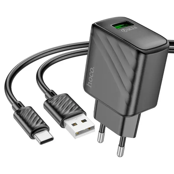 Зарядне HOCO CS21A Rich 1USB QC3.0 18W з кабелем Type-C чорне (single USB-A 18W port wall charger, EU plug Input: AC100-240V, 50 / 60Hz, 0.5A. 2. Output: 1 × USB-A – 5V / 3A, 9V / 2A, 12V / 1.5A – 18W max. 3. EU plug. 4. Fast charging protocol support: for QC3.0 fast charging protocol. 5. Material: flame retardant PC + ABS. Sizes: 81 × 44 × 28mm. Weight: single charger weight – 41g, set with cable weight – 65g.) від батарейки.com.ua