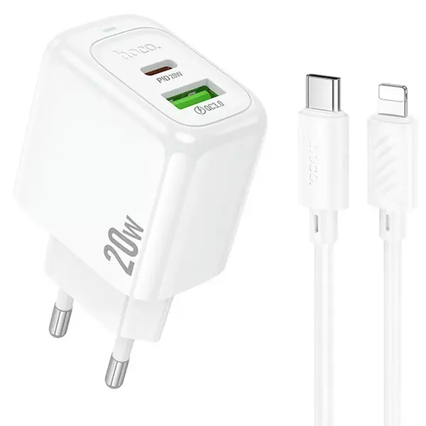 Зарядне HOCO CS54A PD20W, QC3.0, 3A, вихід Type-C та USB з кабелем Type-C-Lightning білий від батарейки.com.ua