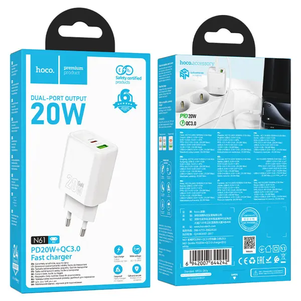 Зарядне HOCO N61 GaN PD20W Type-C USB білe від батарейки.com.ua