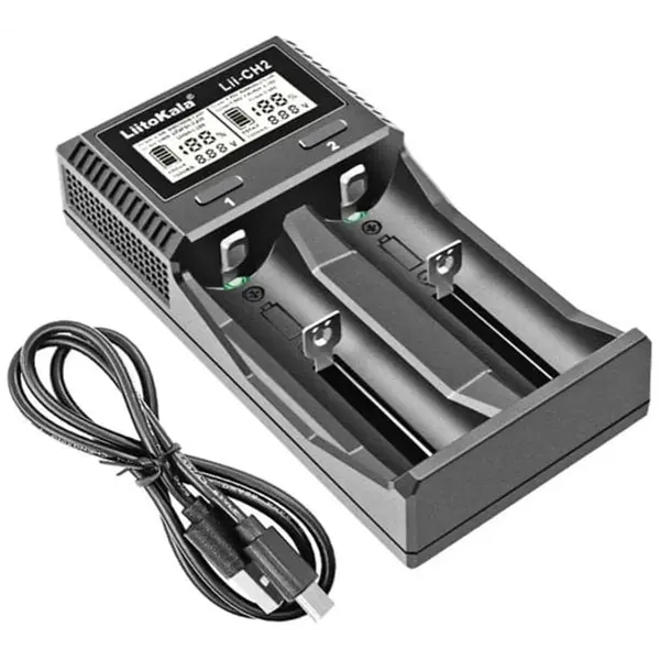 Зарядне LiitoKala Lii-CH2 1-2элемента 18650, 26650, 21700, АА, ААА Li-ion, IMR, LiFe, NiMH LCD від TypeC  (Отличительные особенности и преимущества LiitoKala Lii-CH2: – обладает информативным цифровым дисплеем который отображает информацию о статусе зарядки; – отображает процент заряда аккумулятора; – поддерживает литий-ионные аккмуляторы с напряжением 1,5V; – возможность заряжать током 1А; – показывает текущее напряжение на аккумуляторе; – имеет возможность заряжать литий-железо-фосфатные аккумуляторы LiFePO4; – подвижный контакт позволяет размещать аккумулятор любого форм-фактора вплоть до 26650; – активация полностью разряженных аккумуляторов; – питается от внешнего блока питания 5V 2A и USB type C кабеля которій идет в комплекте. Технические характеристики. – два канала зарядки для Li-ion 1,5V, Li-ion, LiFePO4, Ni-MH/Ni-Cd. – информативный дисплей который отображает информацию о статусе зарядки. – выбор тока зарядки ток заряда: 0,5/1А. – встроенная схемы защиты от перезаряда, короткого замыкания. – выходное напряжение: 4.2 / 4,35 / 3,65 / 1.48 В / Li-ion 1,5В. – активация полностью разряженных Ni-MH/Ni-Cd аккумуляторов. Питание на входе: DC 5V 2A. Рабочая температура: 0 – 40°C. Размеры: 136х70х35 мм. Вес: 112 г.  Комплект поставки: – зарядное устройство; – кабель питания USB to Micro USB type C; – инструкция на русском языке; – упаковка.) від батарейки.com.ua