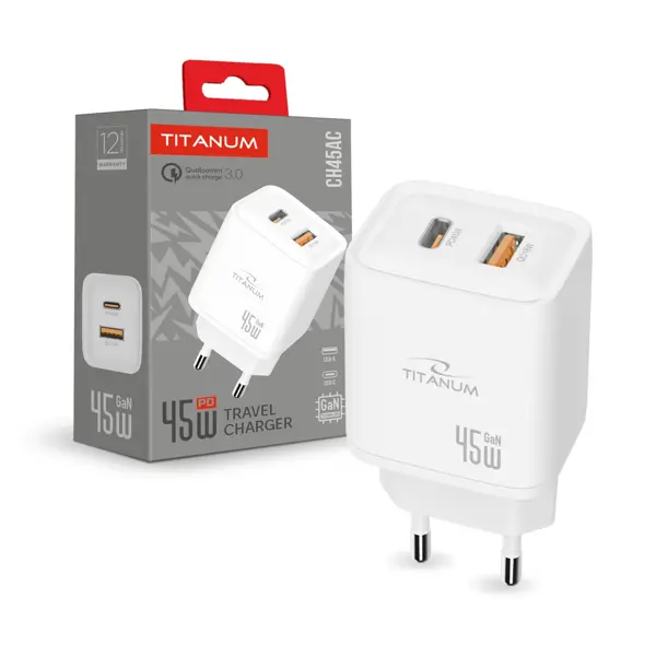 Зарядне TITANUM CH45AC GaN PD45W Type-C USB White від батарейки.com.ua