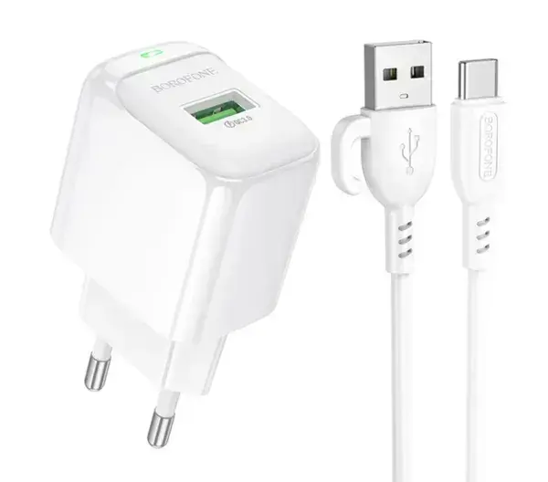 Зарядне BOROFONE BAS42A 1USB QC3.0 3A з кабилем Type-C біле від батарейки.com.ua