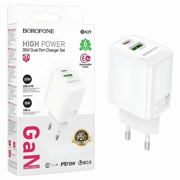 Зарядне BOROFONE BN29 GaN 1xType-C 1xUSB PD30W QC3.0 +кабель Type-C, біле), зображення 2