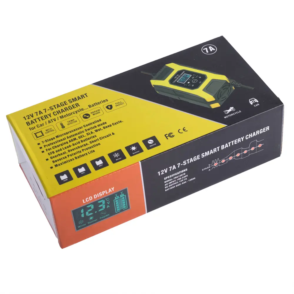 Зарядне для кислотних AGM, GEL, VRLA Foxsur FBC1207D 12V 7А, автомат 7 етапів, дісплей), зображення 3